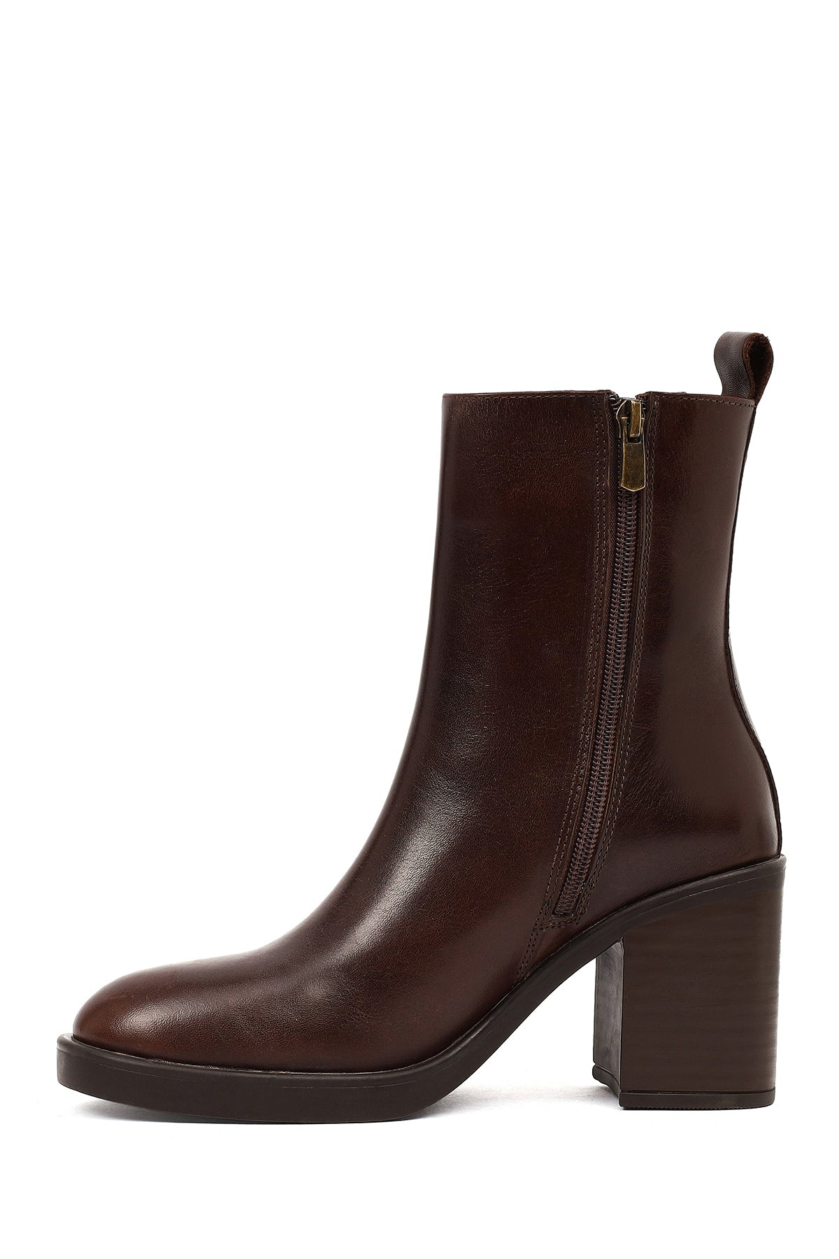 Kadın Kahverengi Fermuarlı Kalın Topuklu Deri Bot