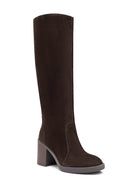 Kadın Kahverengi Fermuarlı Kalın Topuklu Süet Deri Çizme | Derimod