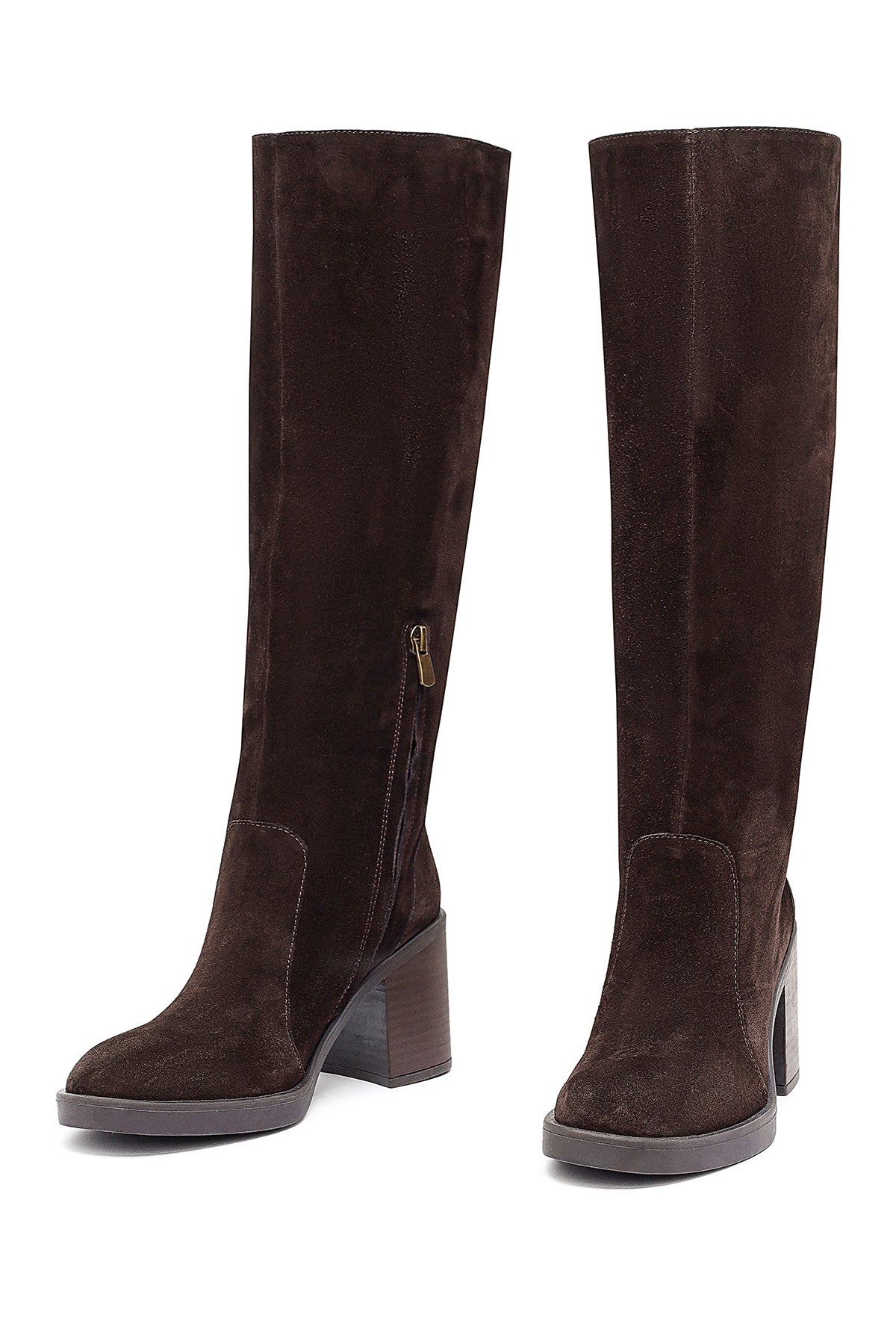 Kadın Kahverengi Fermuarlı Kalın Topuklu Süet Deri Çizme