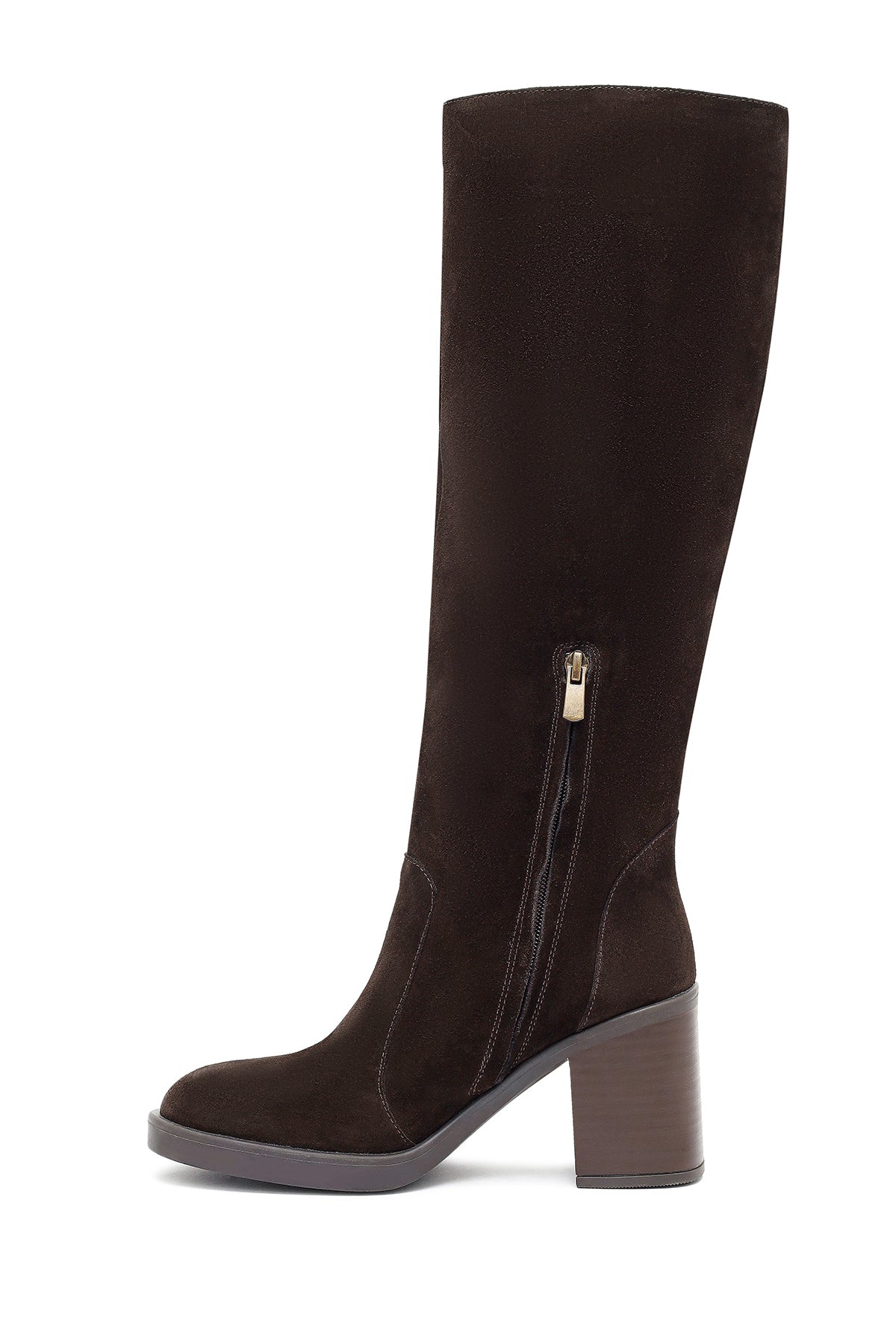Kadın Kahverengi Fermuarlı Kalın Topuklu Süet Deri Çizme