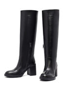 Kadın Siyah Fermuarlı Kalın Topuklu Deri Çizme | Derimod