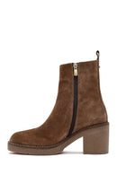 Kadın Bej Fermuarlı Kalın Topuklu Süet Deri Bot | Derimod