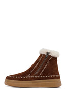 Woman Brown Zippered Thick-Soled Suede Leather Teddy Bot | Derimod