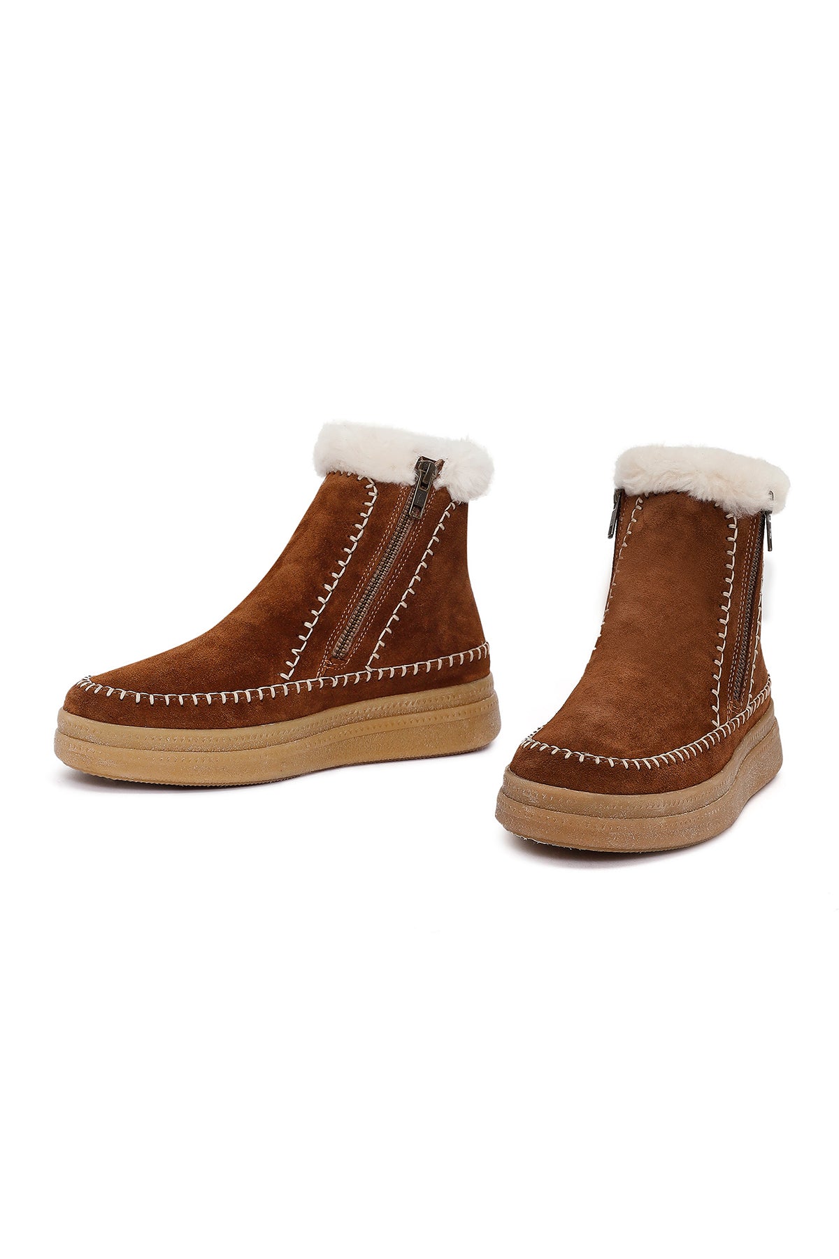 Kadın Kahverengi Fermuarlı Kalın Tabanlı Süet Deri Teddy Bot