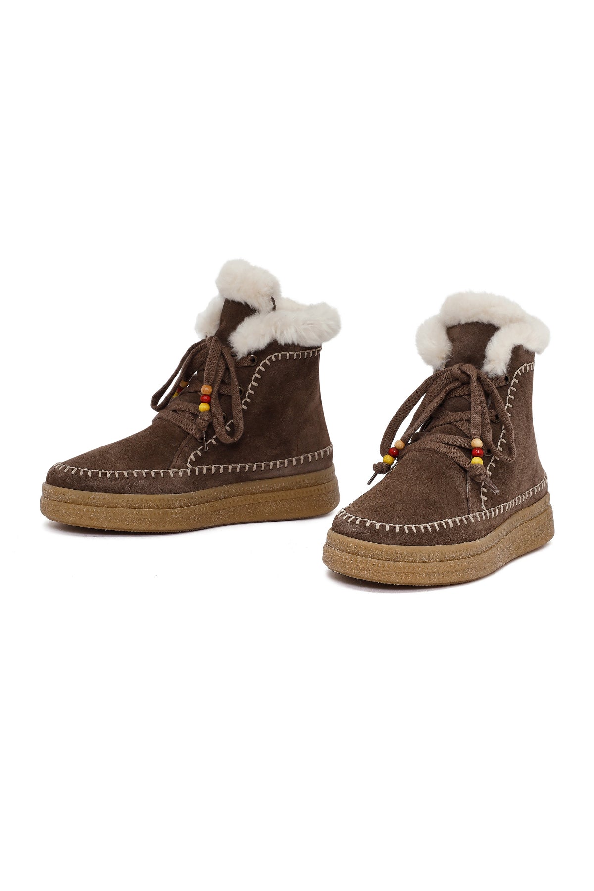 Kadın Kahverengi Bağcıklı Kalın Tabanlı Süet Deri Teddy Bot