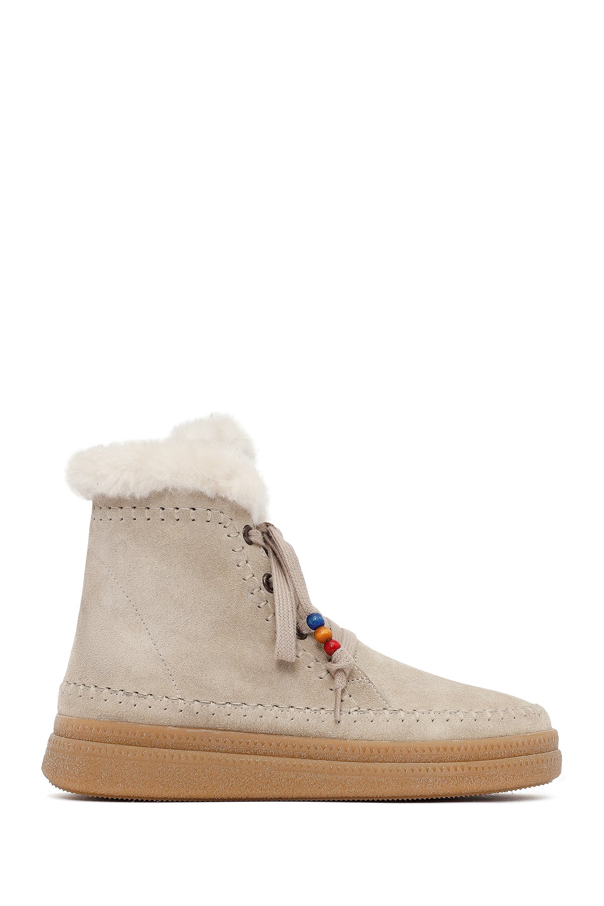 Woman Beige Lace-Up Thick-Soled Suede Leather Teddy Bot 25WFD205310 | Derimod