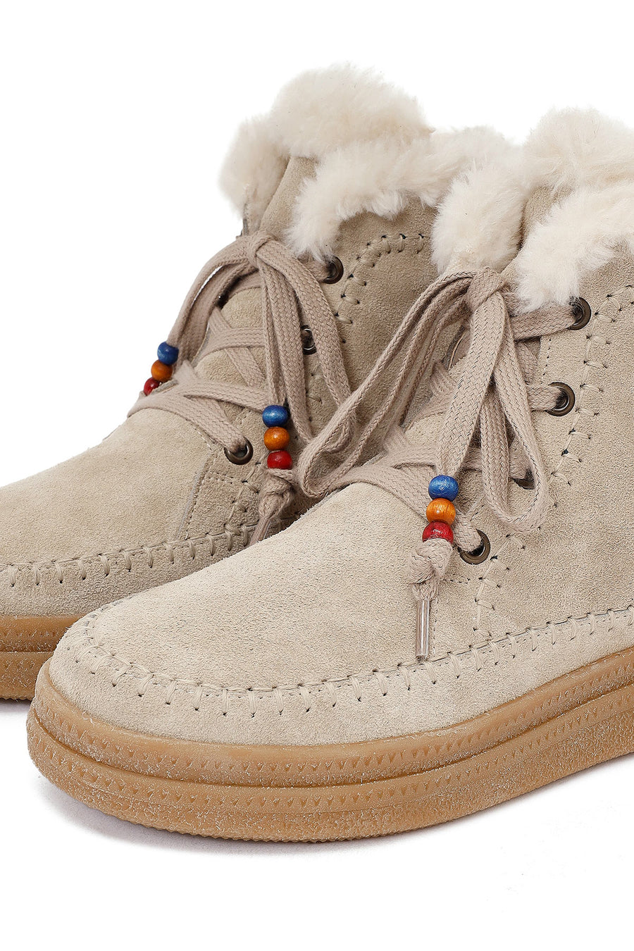 Woman Beige Lace-Up Thick-Soled Suede Leather Teddy Bot