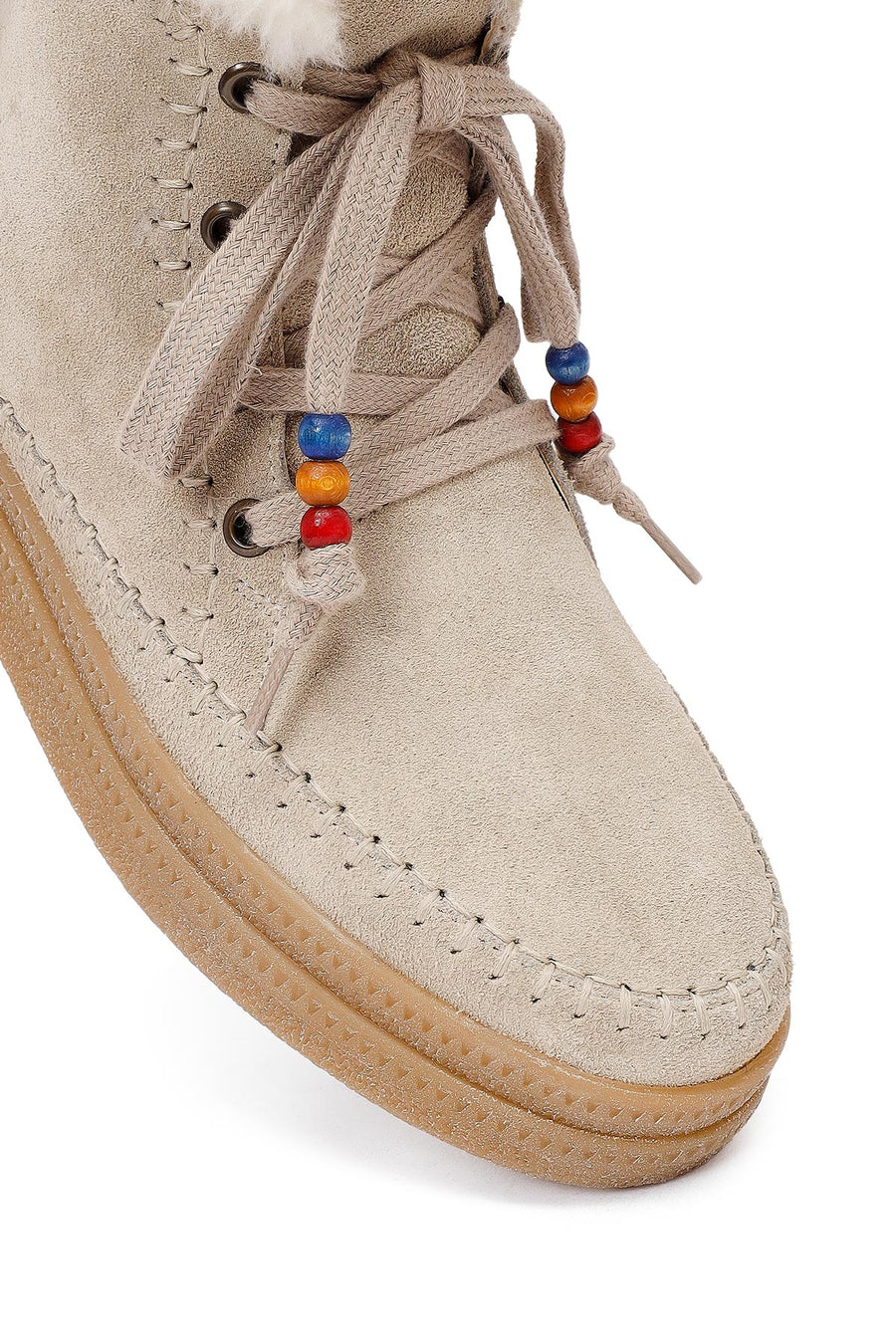 Woman Beige Lace-Up Thick-Soled Suede Leather Teddy Bot