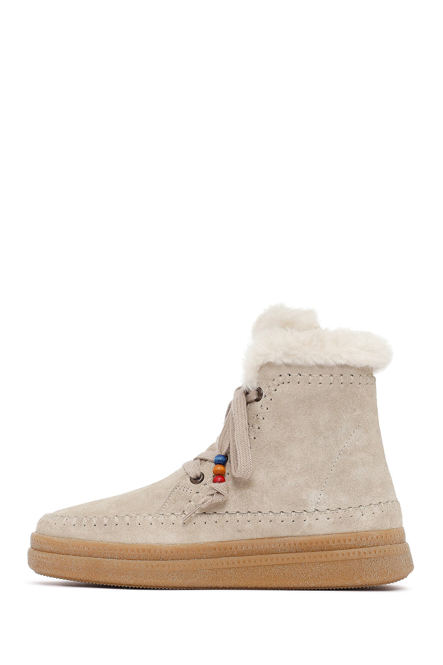 Woman Beige Lace-Up Thick-Soled Suede Leather Teddy Bot
