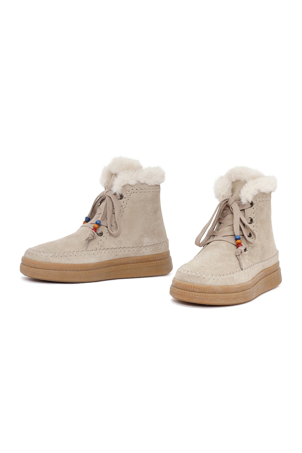 Kadın Bej Bağcıklı Kalın Tabanlı Süet Deri Teddy Bot