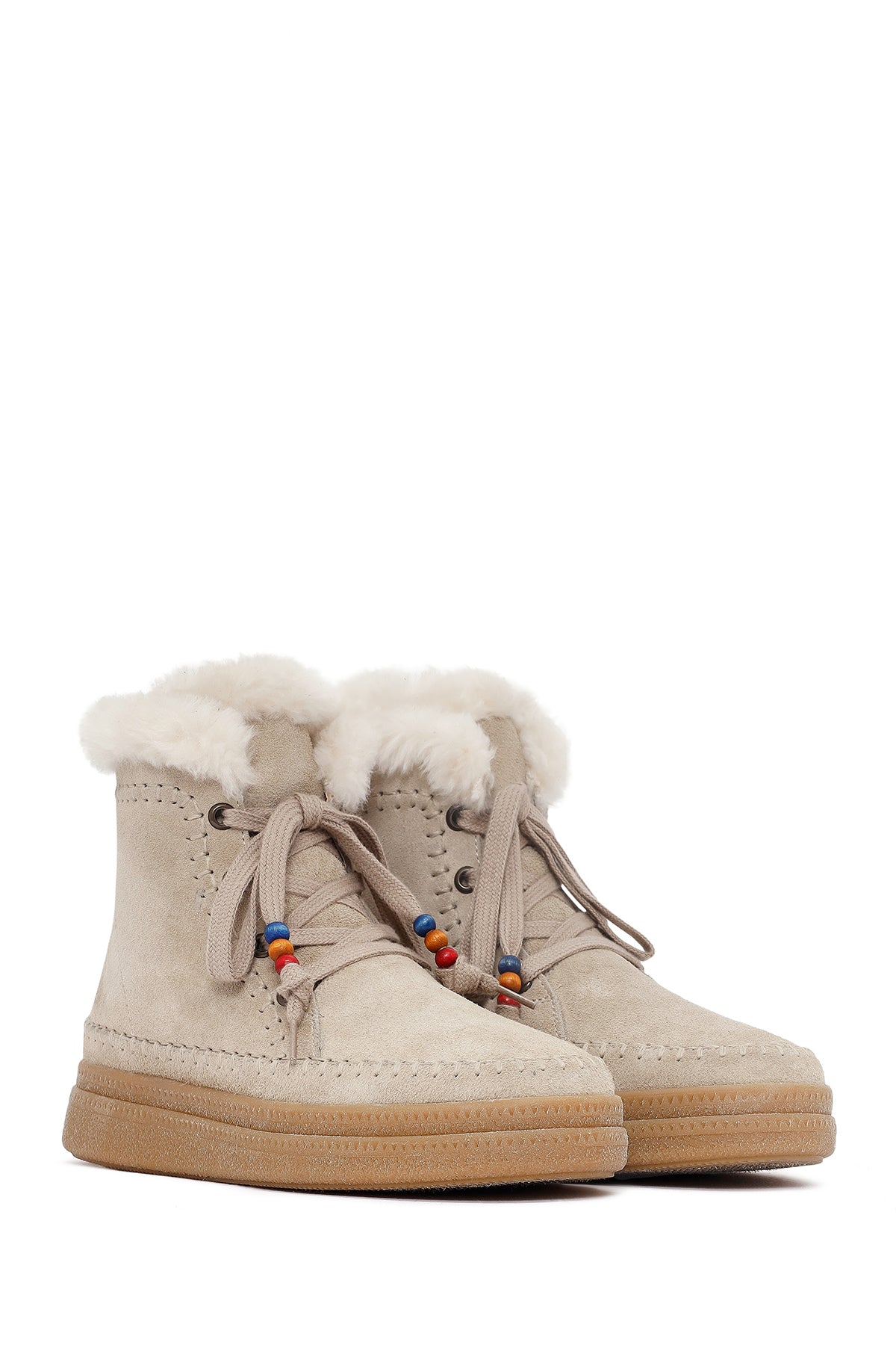 Kadın Bej Bağcıklı Kalın Tabanlı Süet Deri Teddy Bot