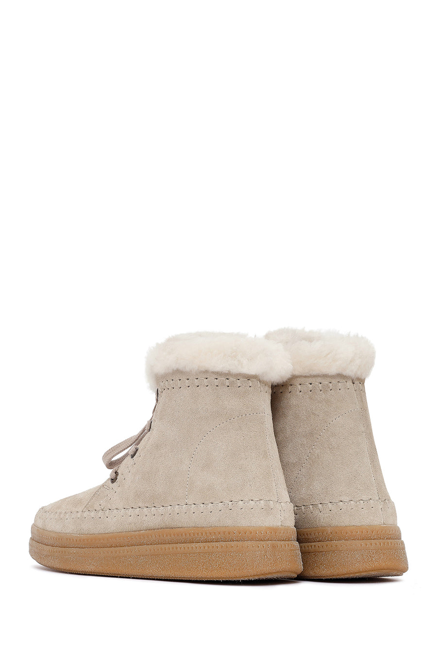 Woman Beige Lace-Up Thick-Soled Suede Leather Teddy Bot