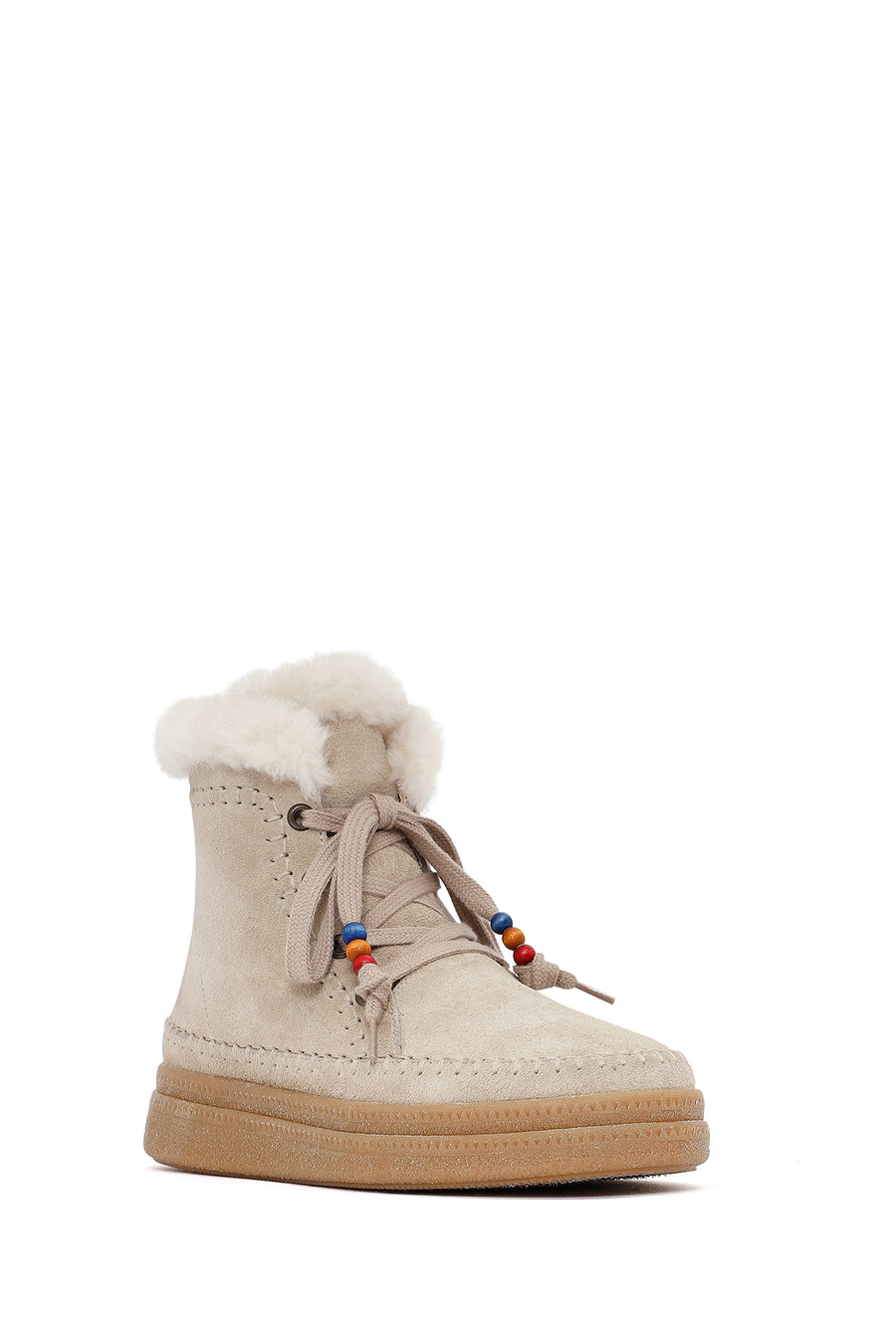 Woman Beige Lace-Up Thick-Soled Suede Leather Teddy Bot