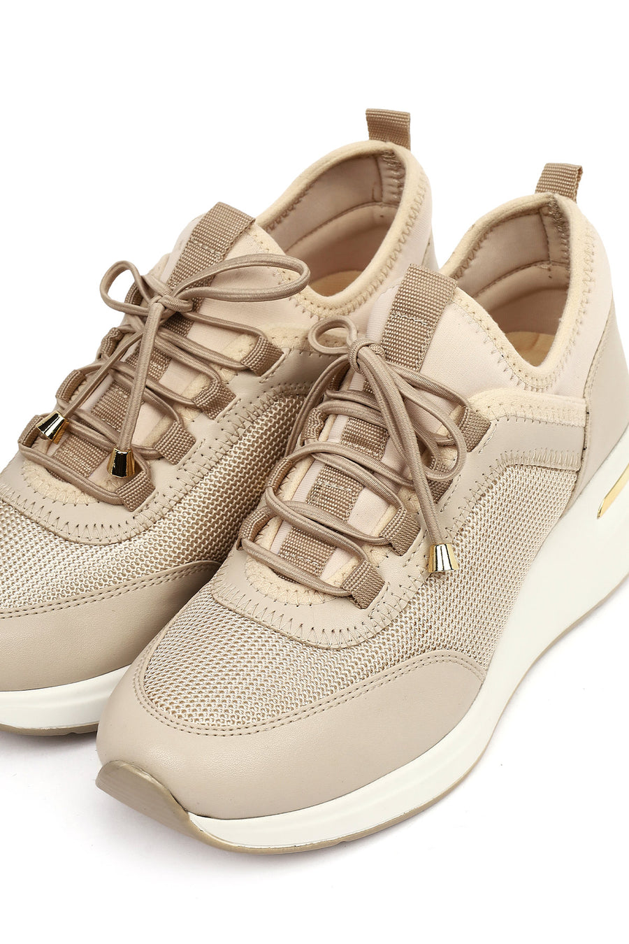 Kadın Bej Bağcıklı Dolgu Topuklu Sneaker