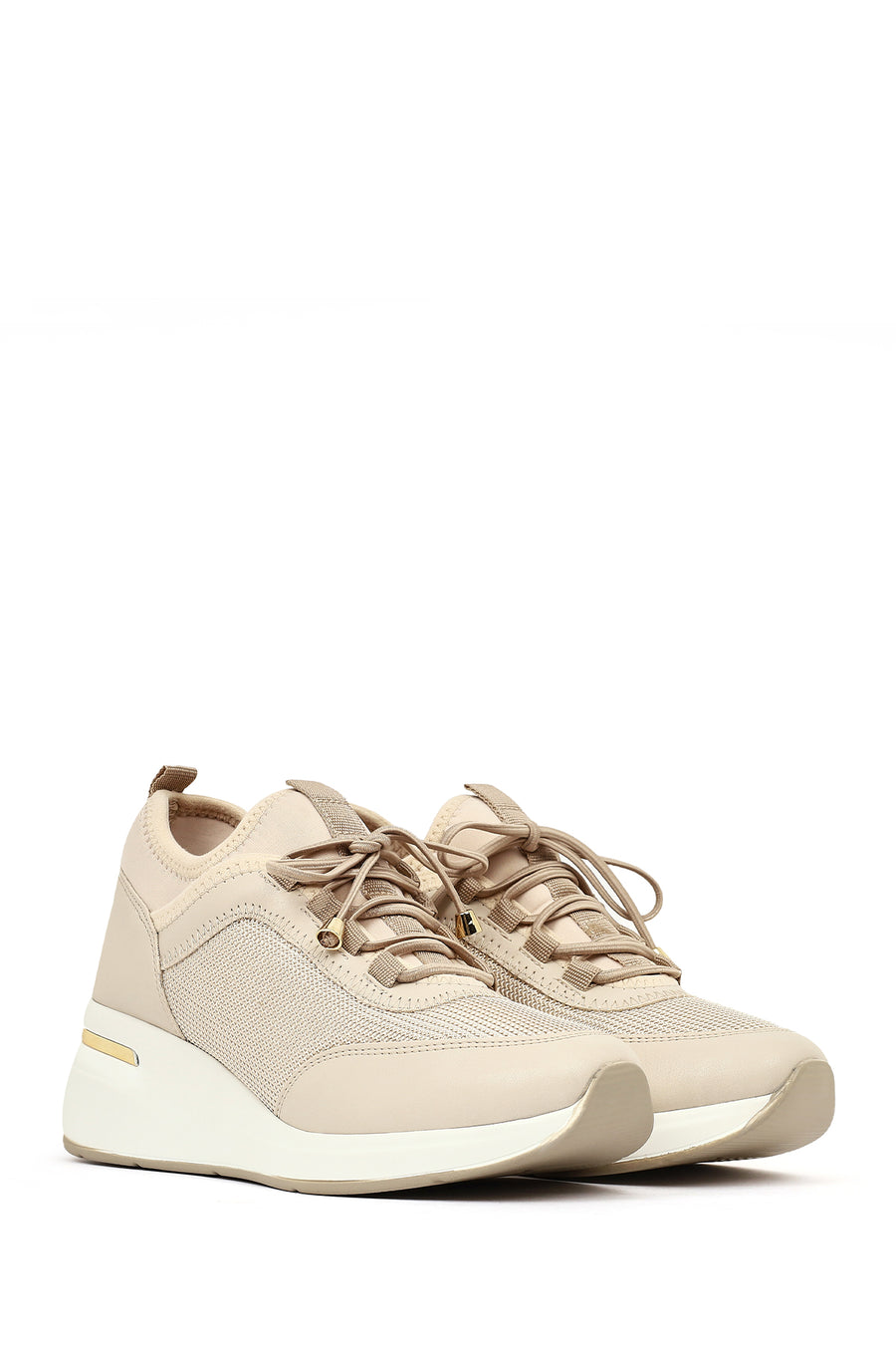 Kadın Bej Bağcıklı Dolgu Topuklu Sneaker