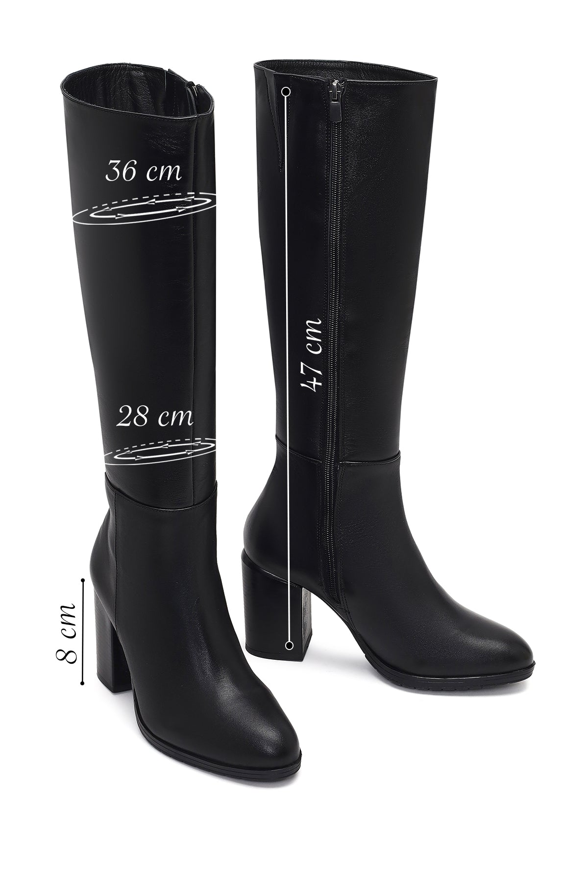 Kadın Siyah Fermuarlı Kalın Topuklu Deri Çizme