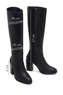 Women's Black Zippered Thick Heeled Leather Boot | Derimod