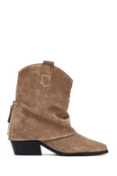 Women's Beige Short Thick Heel Suede Leather Cowboy Boot | Derimod