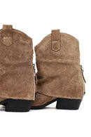 Women's Beige Short Thick Heel Suede Leather Cowboy Boot | Derimod