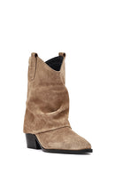 Women's Beige Short Thick Heel Suede Leather Cowboy Boot | Derimod