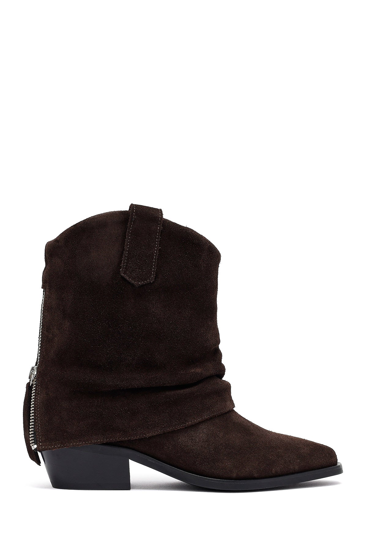 Woman Brown Low Chunky Heel Suede Leather Cowboy Boots 25WFD270610 | Derimod