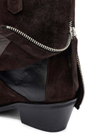 Woman Brown Low Chunky Heel Suede Leather Cowboy Boots | Derimod