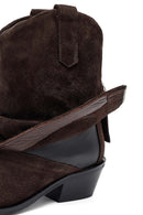 Woman Brown Low Chunky Heel Suede Leather Cowboy Boots | Derimod