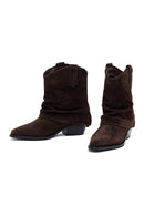 Woman Brown Low Chunky Heel Suede Leather Cowboy Boots | Derimod