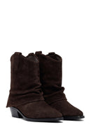 Woman Brown Low Chunky Heel Suede Leather Cowboy Boots | Derimod