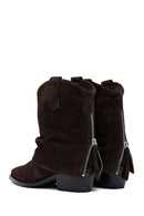 Woman Brown Low Chunky Heel Suede Leather Cowboy Boots | Derimod