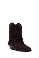 Woman Brown Low Chunky Heel Suede Leather Cowboy Boots | Derimod