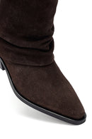 Woman Brown Low Chunky Heel Suede Leather Cowboy Boots | Derimod