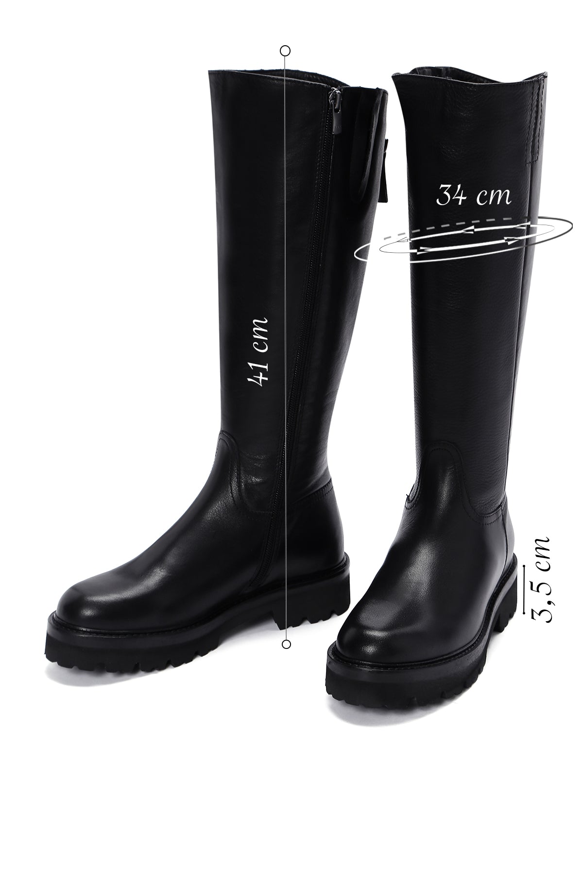 Kadın Siyah Fermuarlı Kalın Tabanlı Deri Çizme