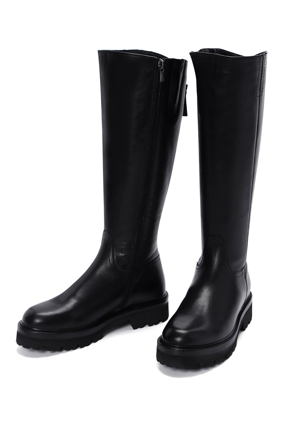 Kadın Siyah Fermuarlı Kalın Tabanlı Deri Çizme