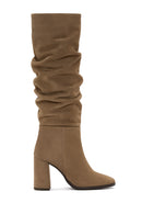 Woman Tan Zippered Chunky Heel Suede Leather Boot | Derimod