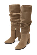Woman Tan Zippered Chunky Heel Suede Leather Boot | Derimod
