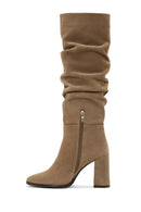 Woman Tan Zippered Chunky Heel Suede Leather Boot | Derimod