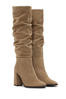 Woman Tan Zippered Chunky Heel Suede Leather Boot | Derimod