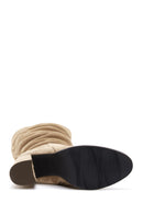 Woman Tan Zippered Chunky Heel Suede Leather Boot | Derimod