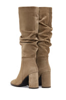 Woman Tan Zippered Chunky Heel Suede Leather Boot | Derimod