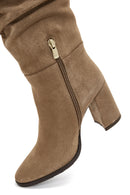 Woman Tan Zippered Chunky Heel Suede Leather Boot | Derimod