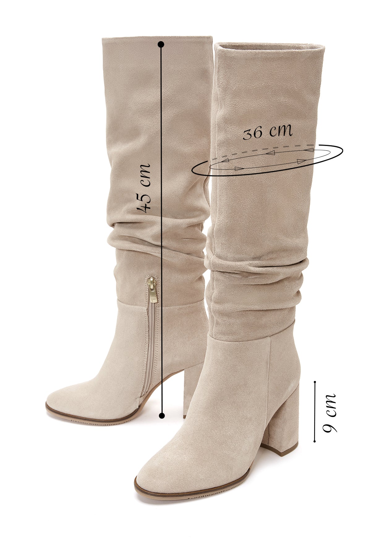 Kadın Bej Fermuarlı Kalın Topuklu Süet Deri Çizme