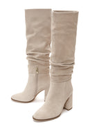 Women's Beige Zippered Thick Heel Suede Leather Boot | Derimod