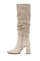 Women's Beige Zippered Thick Heel Suede Leather Boot | Derimod