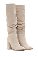 Women's Beige Zippered Thick Heel Suede Leather Boot | Derimod