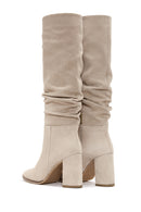 Women's Beige Zippered Thick Heel Suede Leather Boot | Derimod