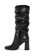 Woman Black Zippered Chunky Heels Leather Boot | Derimod