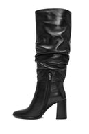 Woman Black Zippered Chunky Heels Leather Boot | Derimod