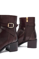 Kadın Kahverengi Fermuarlı Kalın Topuklu Deri Bot | Derimod