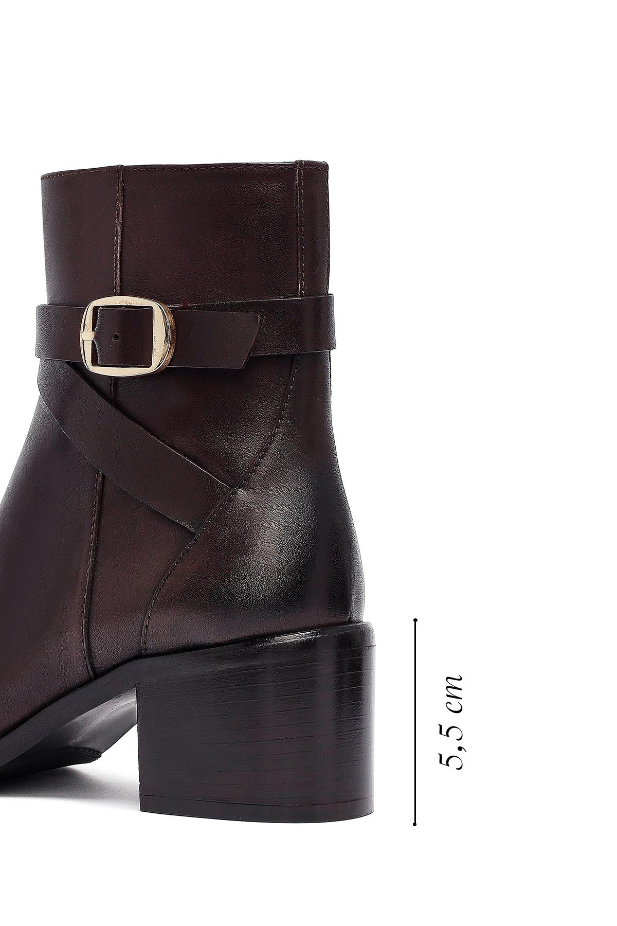 Kadın Kahverengi Fermuarlı Kalın Topuklu Deri Bot